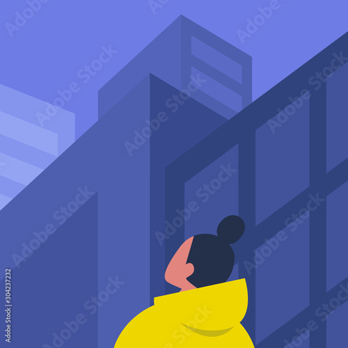Modern cityscape, Young female character looking at the architecture of city downtown, skyscrapers and office buildings