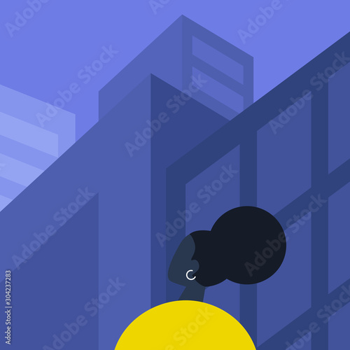 Modern cityscape, Young black female  character looking at the architecture of city downtown, skyscrapers and office buildings