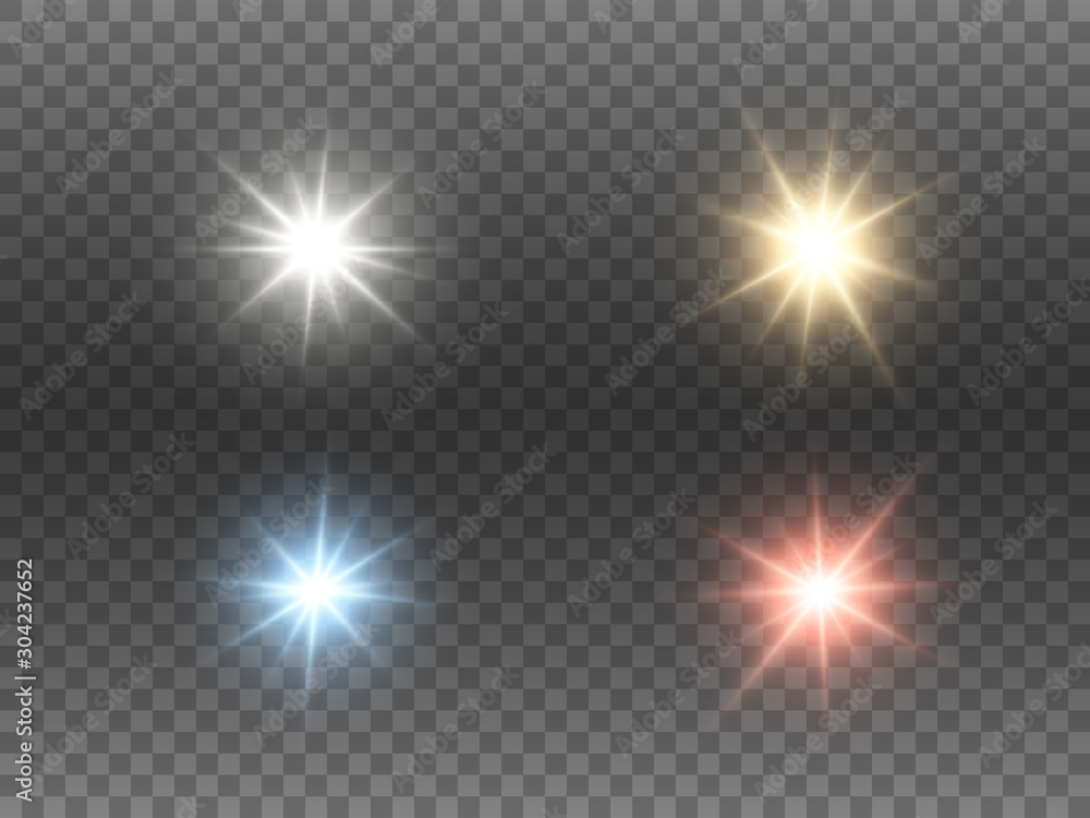 Sparkling color lights set on transparent background. Glowing Christmas stars collection. Bright glare effects and rays. Abstract shining beams. Colorful flares. Vector illustration - obrazy, fototapety, plakaty 