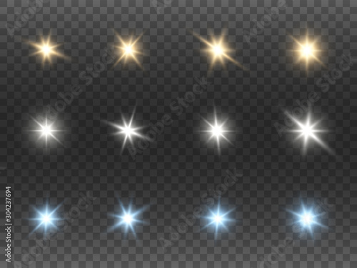 Christmas stars collection on transparent background. Sparkling color lights set. Bright shining beams. Abstract colorful flares. Color glare effects and rays. Vector illustration