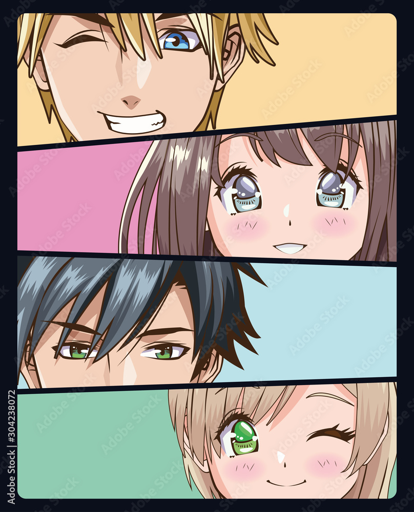 Fototapeta premium group of faces young people anime style characters