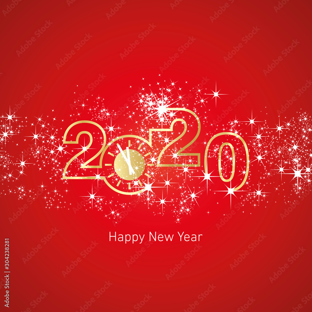 Happy New Year 2020 golden clock with sparkle firework red vector logo icon