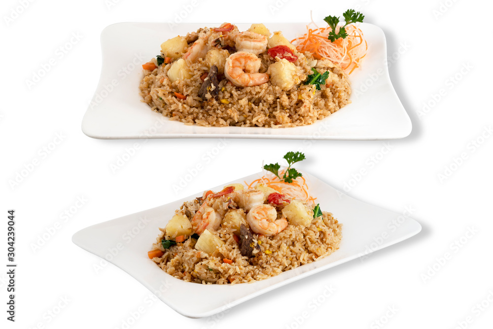 Isolated on White Background of Pineapple Fried Rice with Beef and Shrimp. Asian Food. Clipping Path Included
