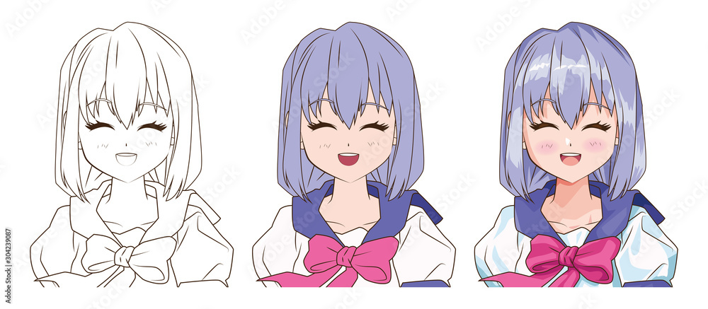 Fototapeta premium drawing process of young woman anime style character