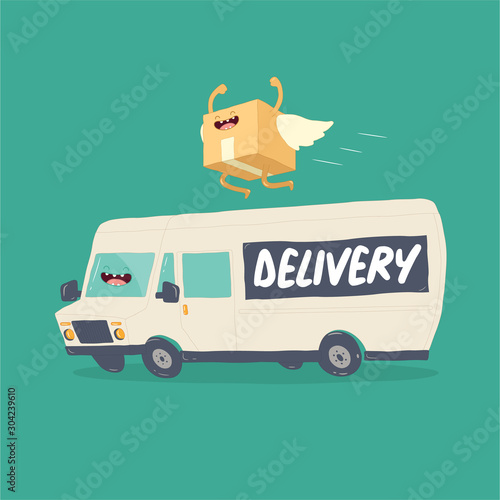 Your package rushes to you on the delivery van. Vector graphics.