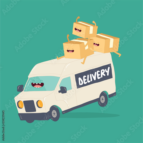 Your package rushes to you on the delivery van. Vector graphics.