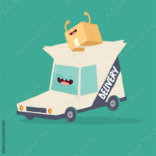 Your package rushes to you on the delivery van. Vector graphics.