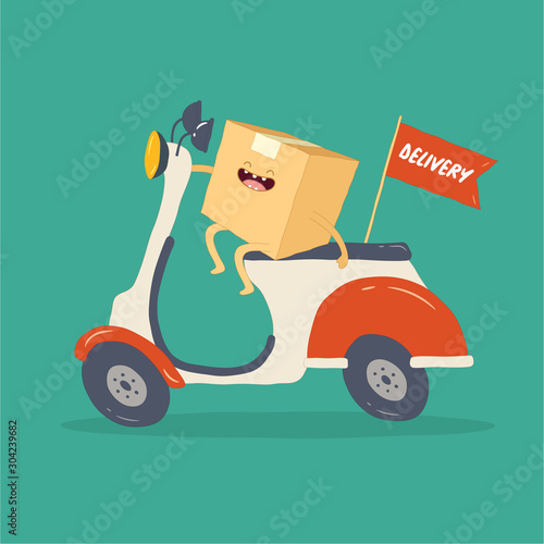 Your package rushes to you on the courier scooter. Vector graphics.