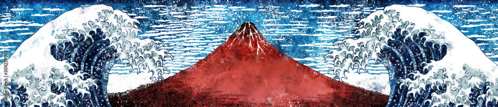 Obraz Kaifu Sunny & Great Wave off Kanagawa Wide Version Watercolor Part 2