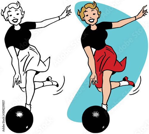 A cartoon of a woman throwing a bowling ball at a bowling alley. 