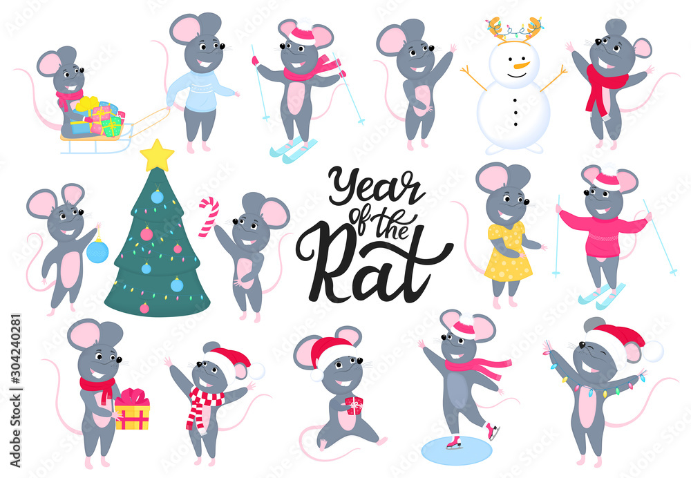 Fototapeta premium Rats. Funny mice. Gray rodents. New 2020 Chinese New Year. Big set mouse. Cartoon characters. Merry Christmas