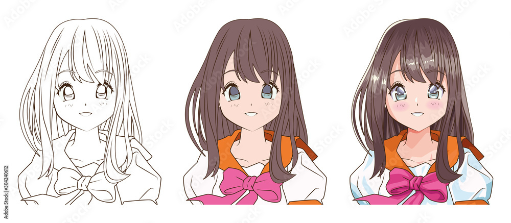 Fototapeta premium drawing process of young woman anime style character