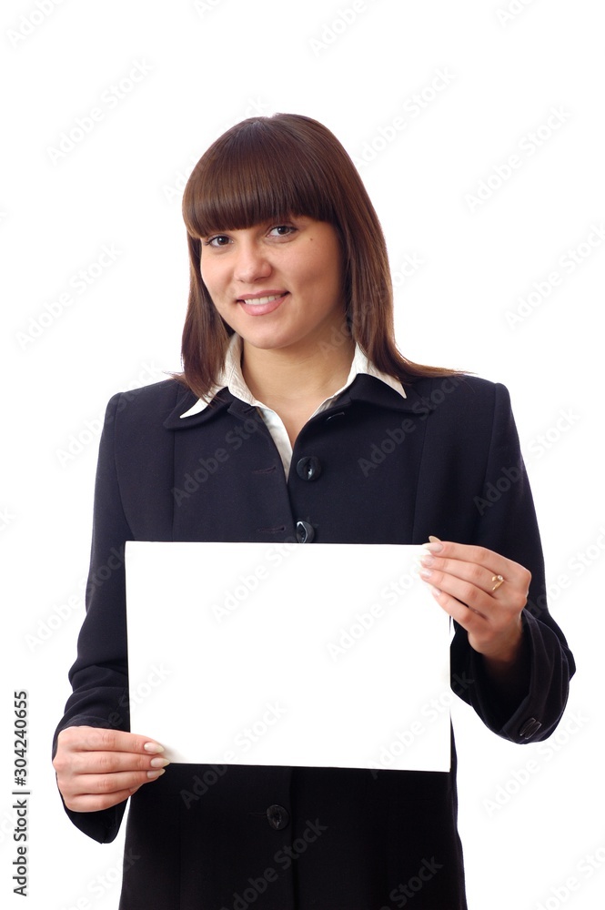 Adult caucasian woman holds notice on hand Adult caucasian woman holds notice on hand