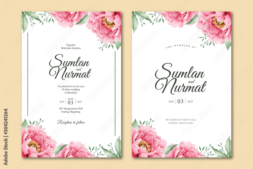 Romantic peony aquarel wedding card template