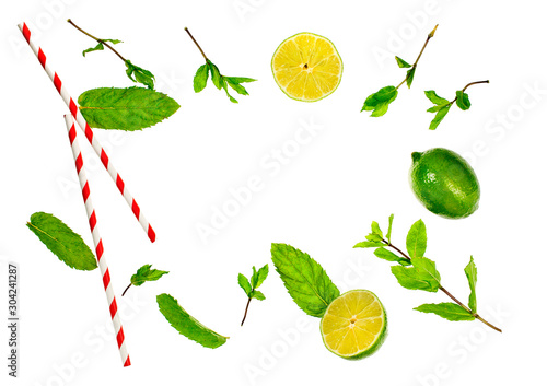 Fototapeta Naklejka Na Ścianę i Meble -  Fresh halves of lime with branches of mint and two straws isolated on a white background 