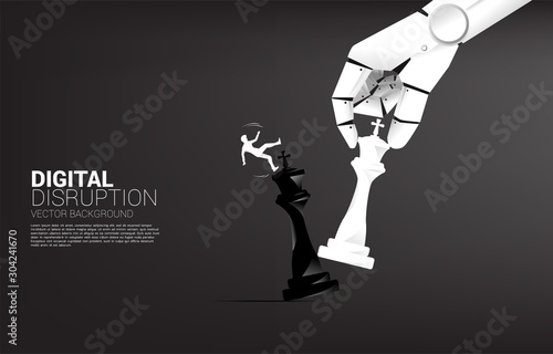 silhouette of businessman slip and falling down from Robot hand move chess piece to checkmate king. Business concept for machine learning , a.i artificial intelligence and disruption.
