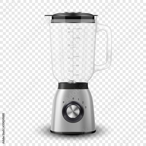 Vector 3d Realistic Electric Silver Steel Chrome Juicer Blender Appliance with Glass Container Icon Closeup Isolated on Transparent Background. Design Template, Health Food and Drink Concept photo