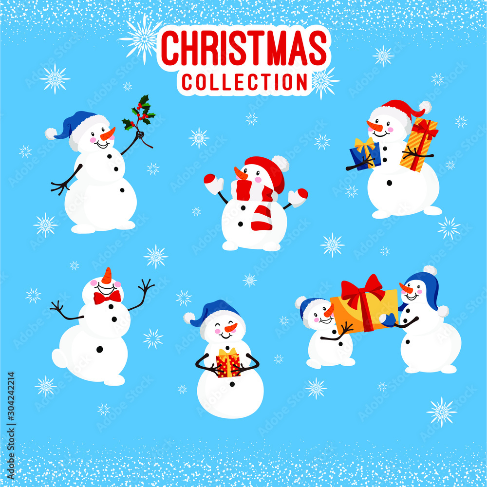 Fototapeta premium Vector illustration of cute snowmen. Collection of snowmen. New Year's collection. Stickers, characters