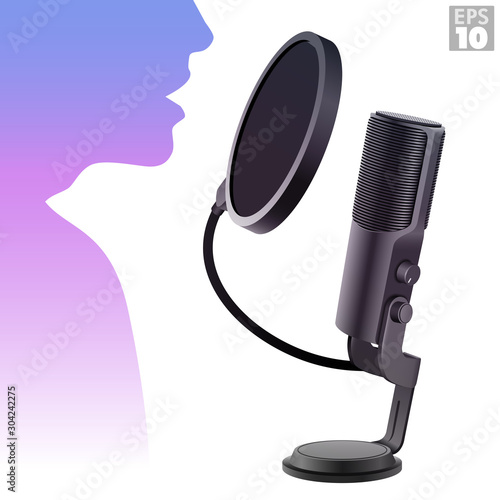 Condenser microphone with pop filter and stand used by a person for voice-overs or podcast vocal recordings.
