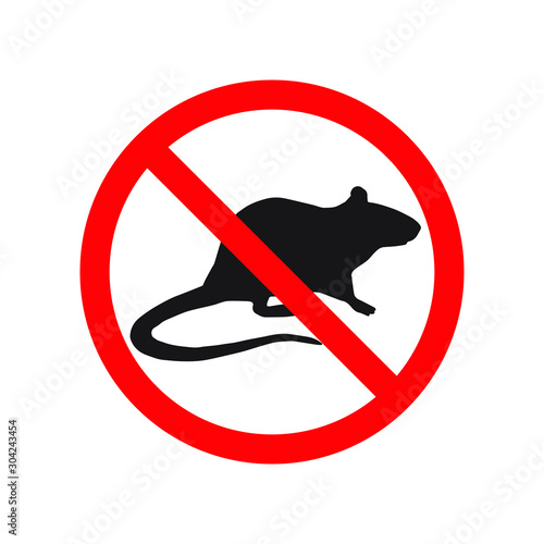 Vector black rat mouse silhouette crossed in red circle isolated on white background. extermination of rodents sign