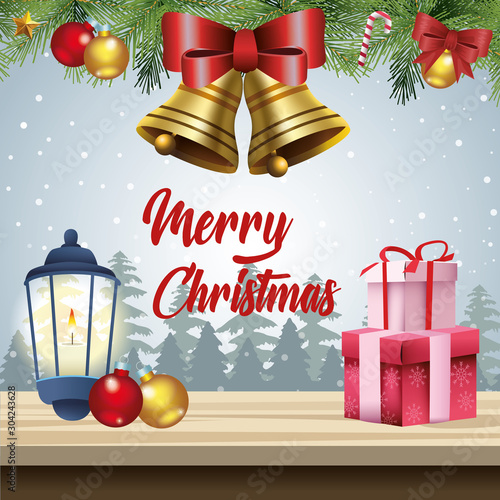 merry christmas card with kerosene lantern and gifts