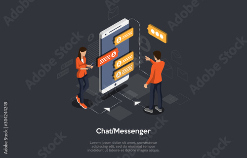 Isometric Mobile chat dialog, messenger concept, mobile phone keyboard, chatbot, support online.