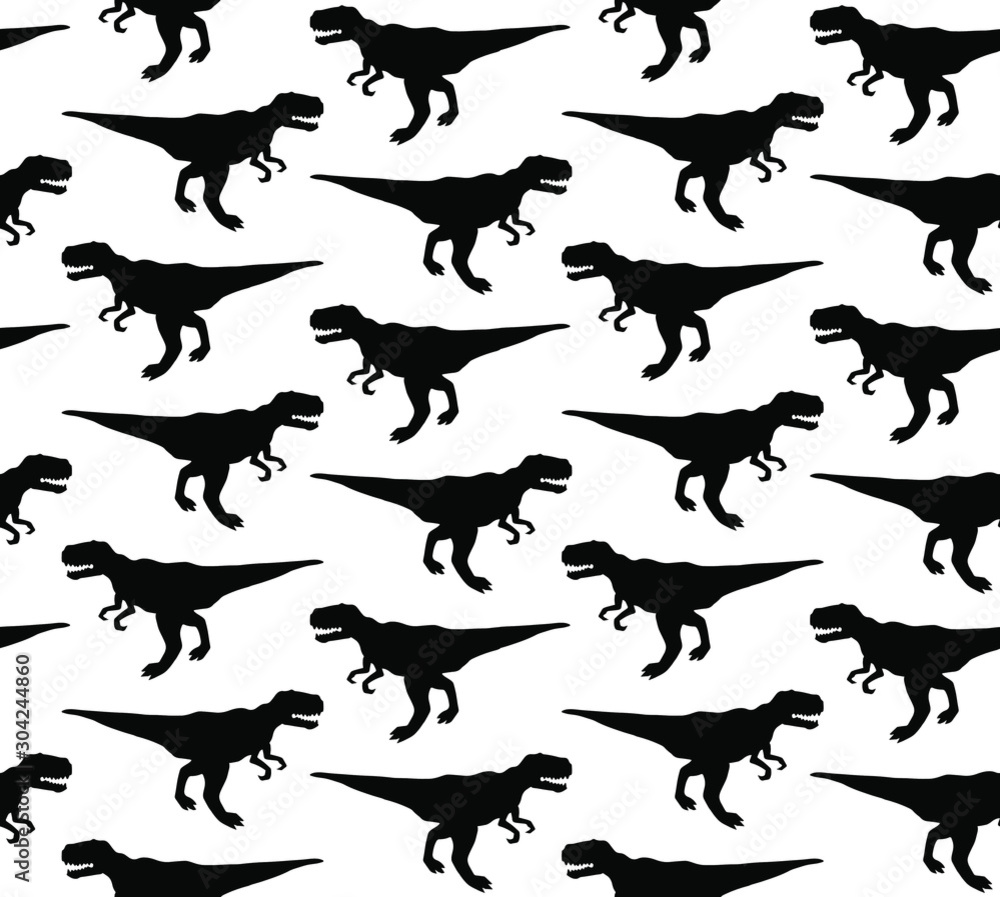 Vector seamless pattern of black tyrannosaur rex dinosaur silhouette isolated on white background