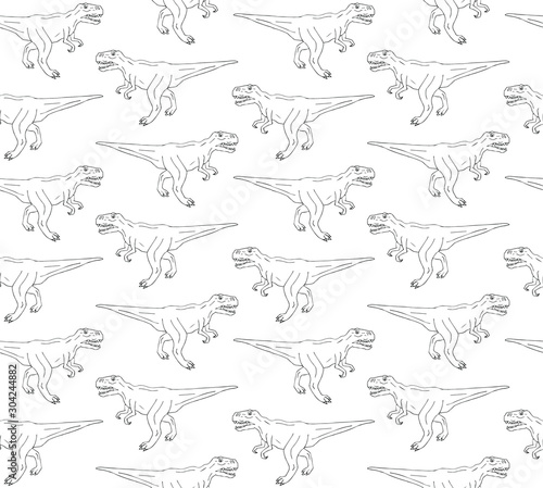 Fototapeta Naklejka Na Ścianę i Meble -  Vector seamless pattern of black hand drawn outline sketch tyrannosaur rex dinosaur isolated on white background