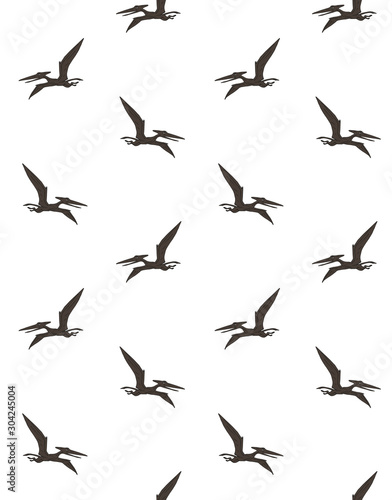 Vector seamless pattern of hand drawn sketch flying pterodactyl dinosaur isolated on white background