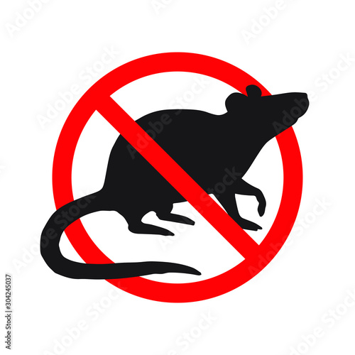 Vector anti pest sign with black rat silhouette under crossed red circle isolated on white background