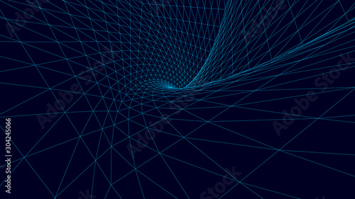 Vortex. Vector perspective curved grid. Wireframe abstract tunnel. 3D vector wormhole with a mesh structure.