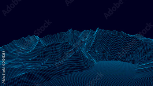 Vector wireframe 3d landscape. Technology grid illustration. Network of connected dots and lines on dark background.