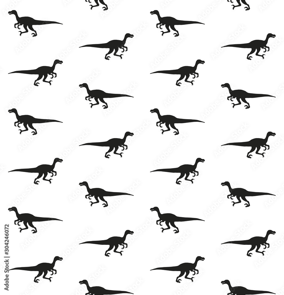 Vector seamless pattern of black velociraptor dinosaur silhouette isolated on white background Vector seamless pattern of black velociraptor dinosaur silhouette isolated on white background