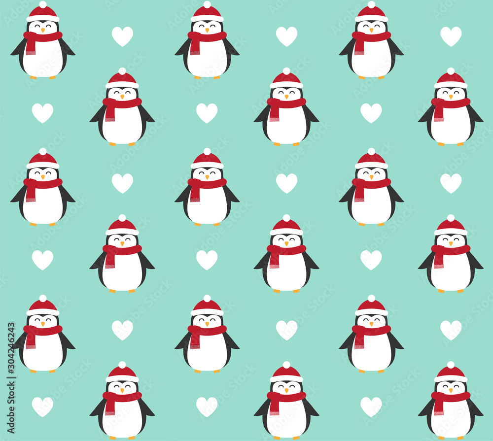 Vector seamless pattern of flat cartoon penguin in winter hat and scarf isolated on mint blue background Vector seamless pattern of flat cartoon penguin in winter hat and scarf isolated on mint blue background