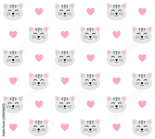 Vector seamless pattern of flat cartoon gray cat face and hearts isolated on white background