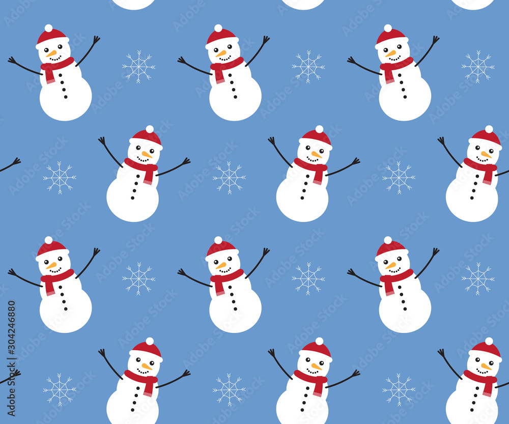 Vector seamless pattern of flat cartoon snowman isolated on blue background Vector seamless pattern of flat cartoon snowman isolated on blue background