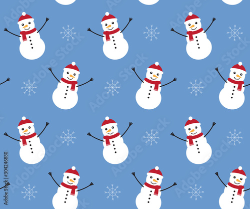 Vector seamless pattern of flat cartoon snowman isolated on blue background