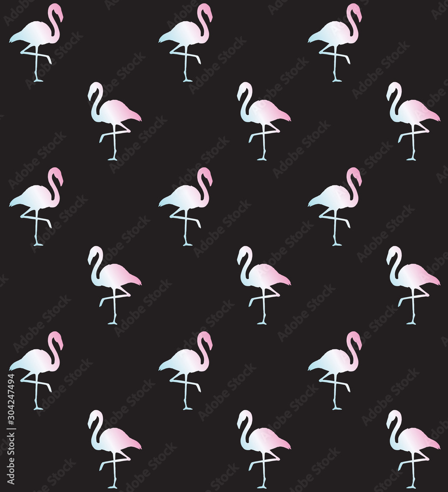 Vector seamless pattern of holographic flamingo silhouette isolated on black background Vector seamless pattern of holographic flamingo silhouette isolated on black background