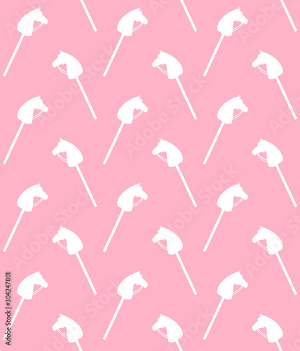 Vector seamless pattern of white flat cartoon riding hobby horse toy silhouette isolated on pastel pink background © Sweta