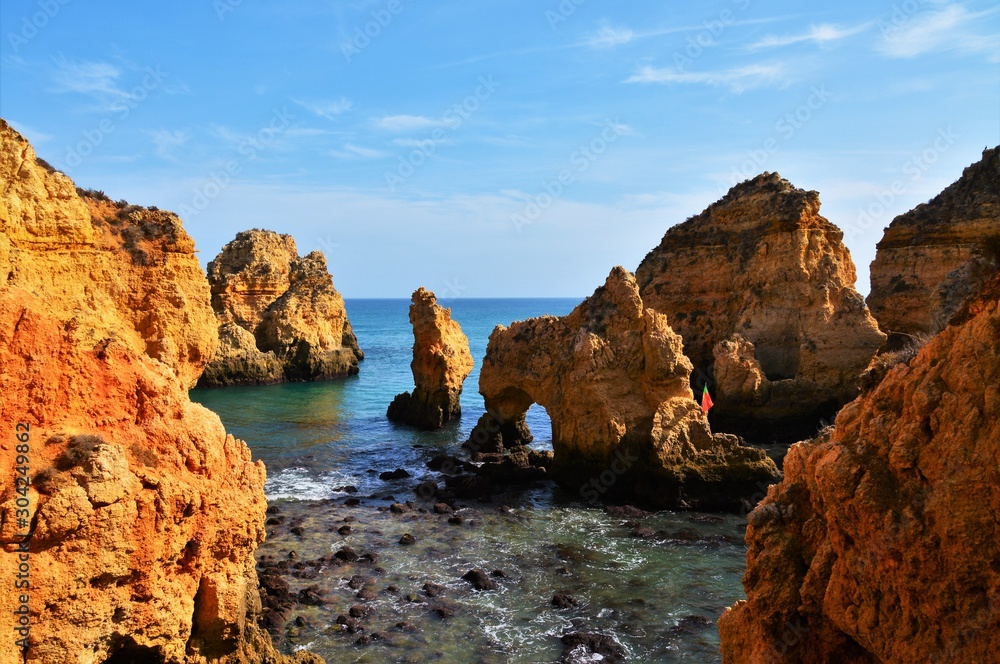 rocks eroded by ocean water in Lagos Portugal