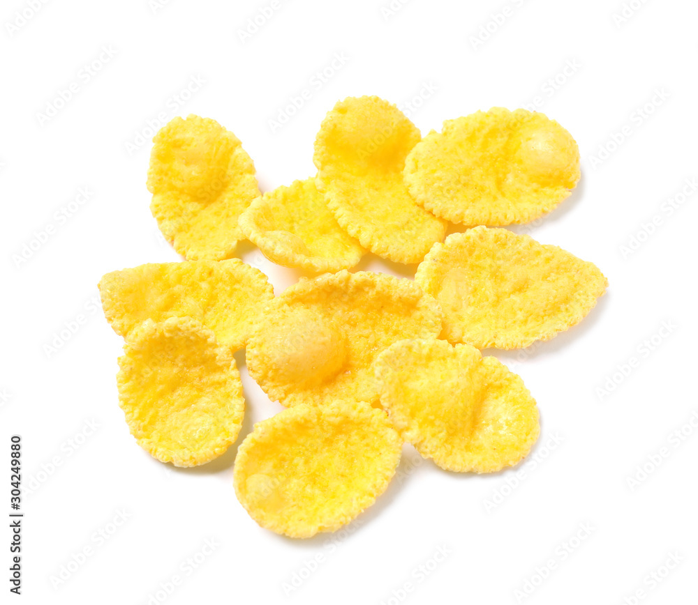 Tasty crispy corn flakes isolated on white, top view Tasty crispy corn flakes isolated on white, top view