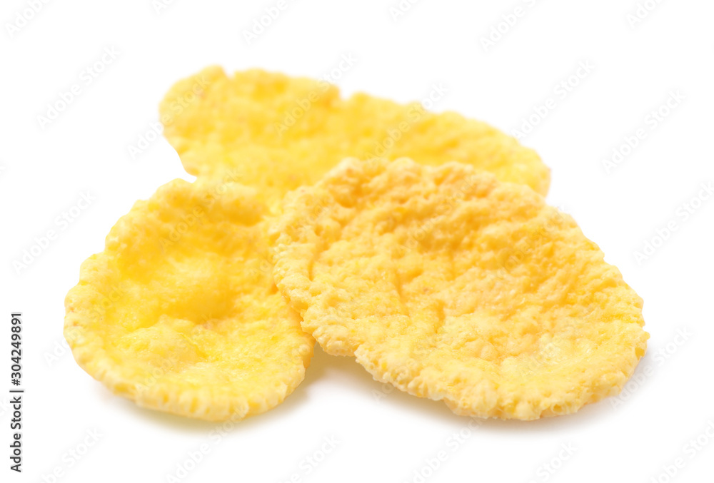 Tasty crispy corn flakes isolated on white