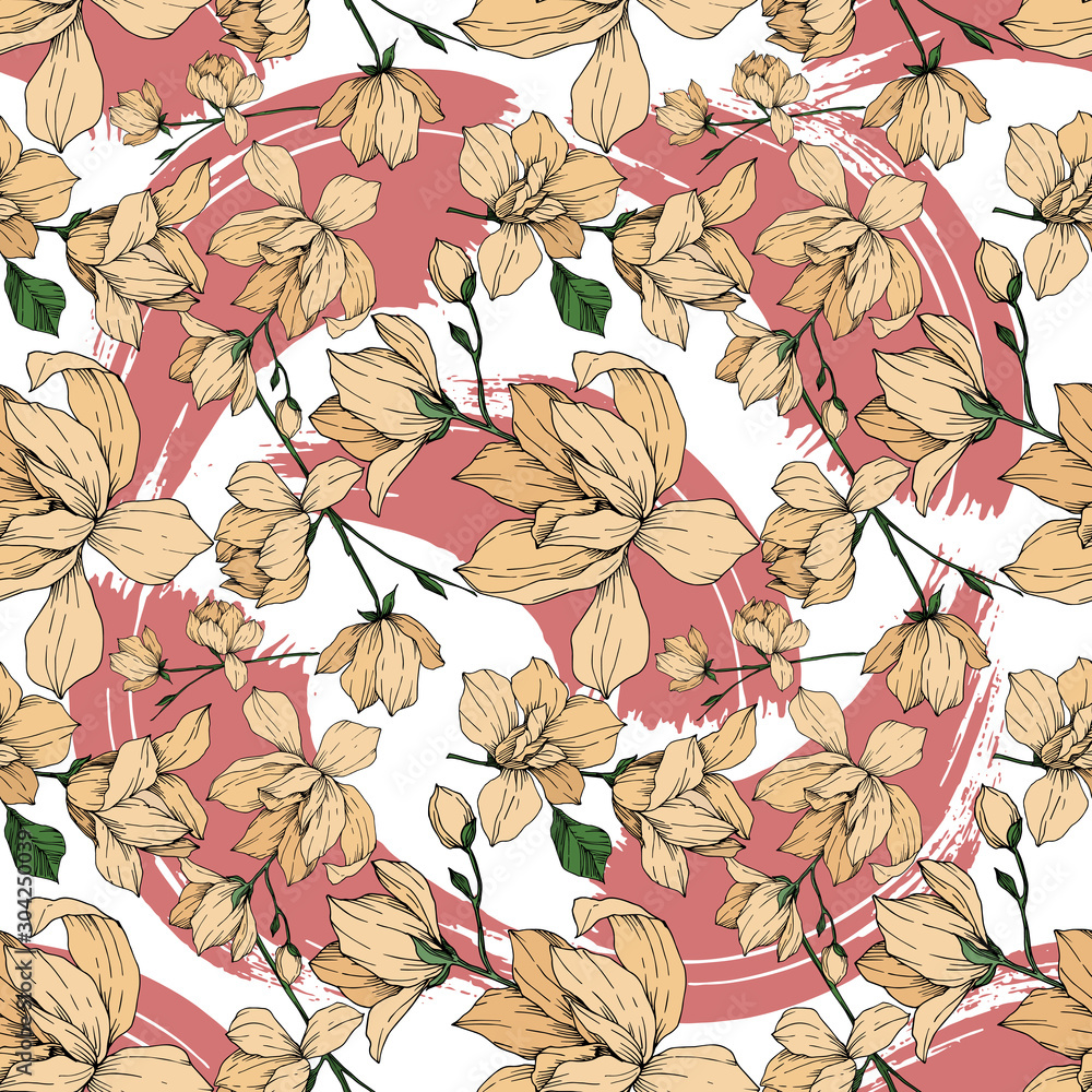 Vector Magnolia floral botanical flowers. Black and white engraved ink art. Seamless background pattern. Vector Magnolia floral botanical flowers. Black and white engraved ink art. Seamless background pattern.