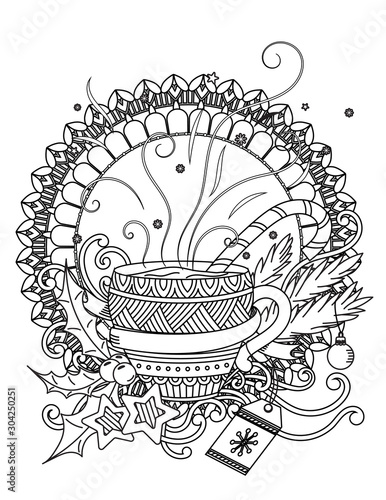Cup with hot chocolate. Adult coloring book page. Christmas decoration, balls, ribbons, gingerbread, and berries. Hand drawn vector illustration.