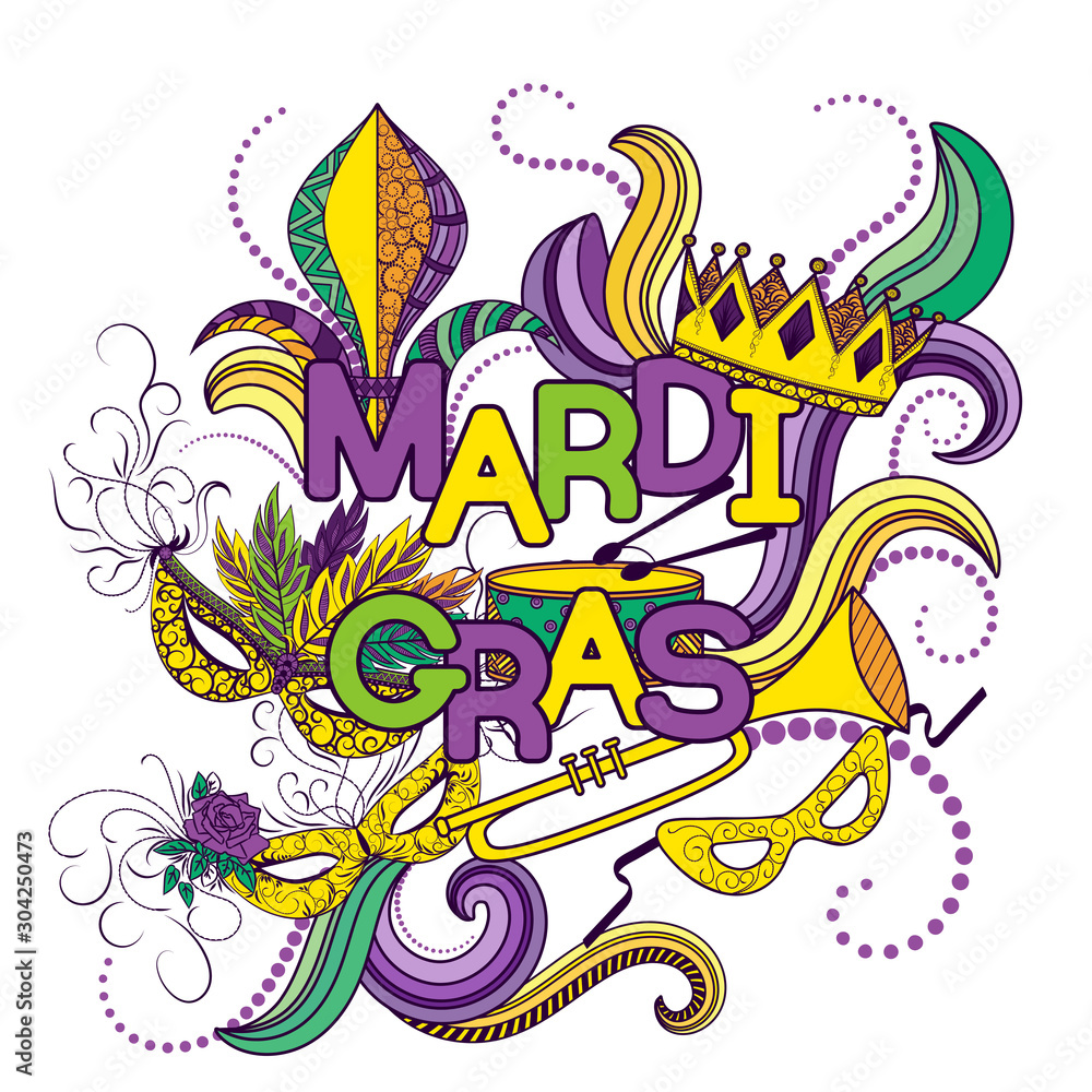 Mardi Gras or Shrove Tuesday. Colorful background with carnival mask and hats, jester's hat, crowns, fleur de lis, feathers and ribbons. Vector illustration