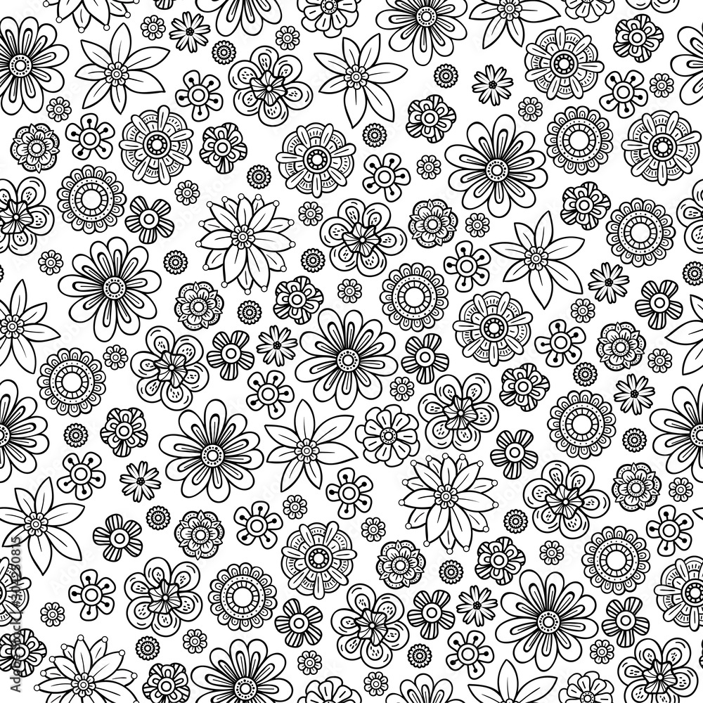 Hand drawn seamless pattern with small flowers. Doodles floral ornament. Black and white vector illustration. Perfect for wallpaper, adult coloring books, web page background, surface textures.