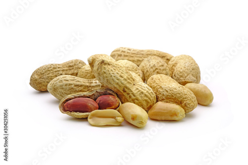 Peanuts isolated on white background. Group of peanuts.