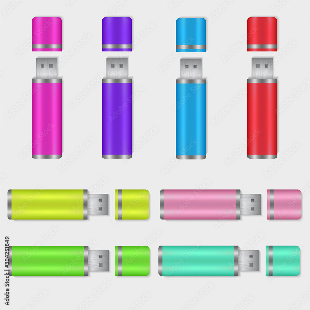 Usb flash drive set, memory sticks, portable data storages for corporate mock ups, vector with empty space for branding design templates in bright colors isolated on white background. Usb flash drive set, memory sticks, portable data storages for corporate mock ups, vector with empty space for branding design templates in bright colors isolated on white background.