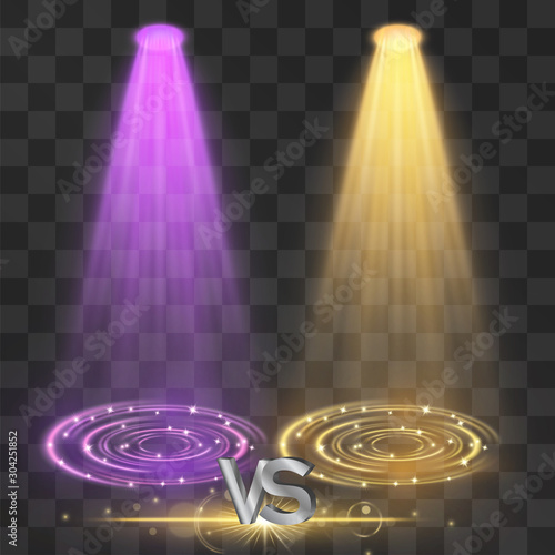 Yellow and purple light projector beams set. Glowing stage isolated on transparent background. Show scene soffits to focus attention. Performance for competition, fight, confrontation banner, poster.