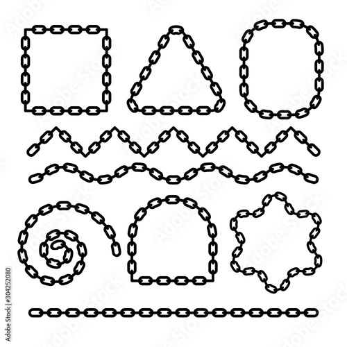 Chain flat border monochrome design to create frames, dividers with corners and ends. Metallic symbol of safety, connection, security. Black oval links for strength, protection or belonging concept.